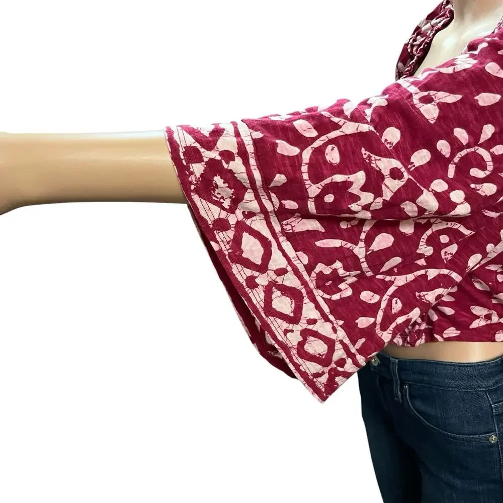 Free People On The Block Batik Print Top XS Bell Sleeve Cropped Boho Berry Combo